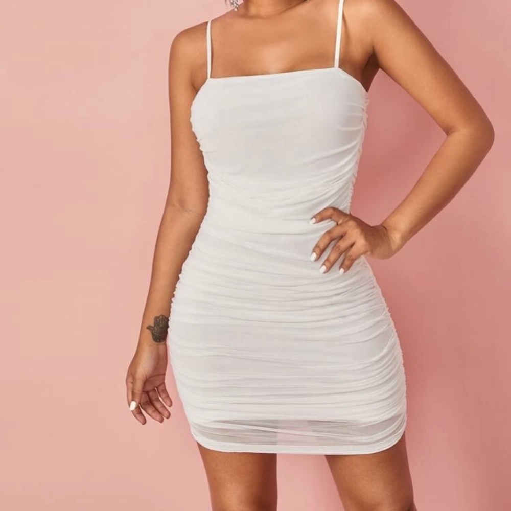 white ruched mesh bodycon mini dress